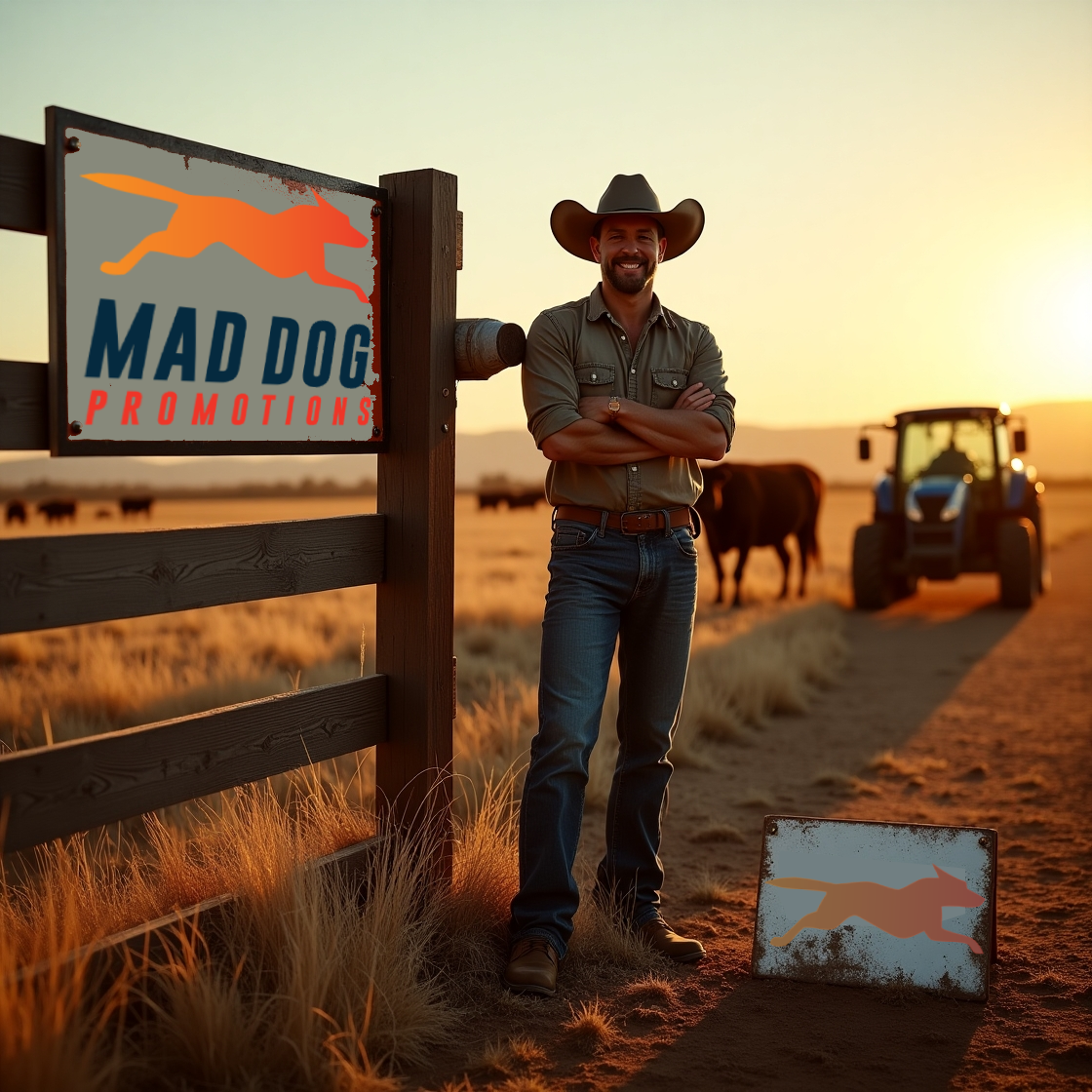 A rugged Australian farmer leaning casually on a wooden fence, overlooking farmland under a clear blue sky