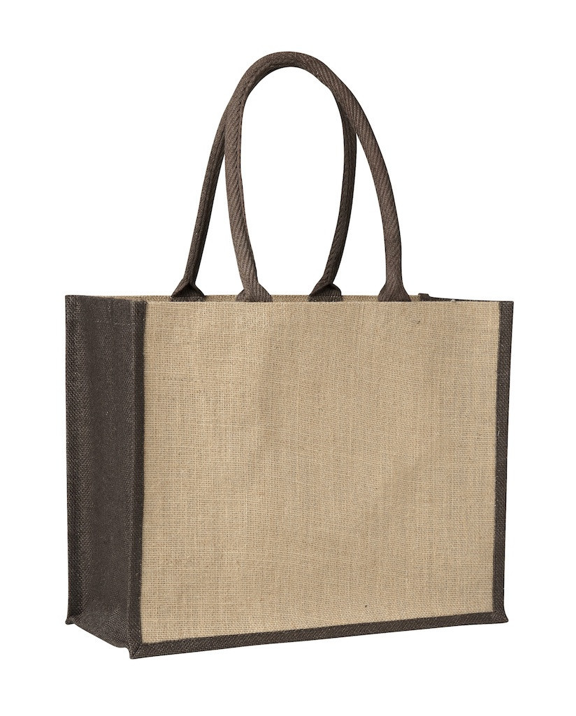 Promotional Custom Printed Laminated Jute Supermarket Bag with Black Handles and Gussets TB