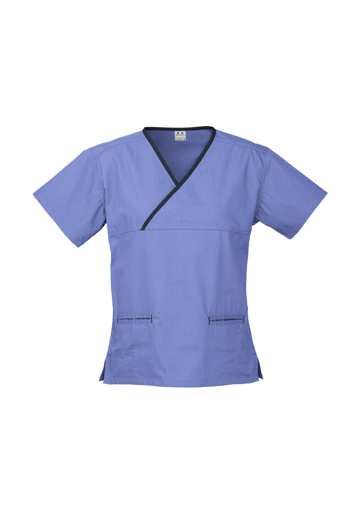 Buy Mid Blue/Navy Ladies Contrast Crossover Scrubs Top Online in Australia