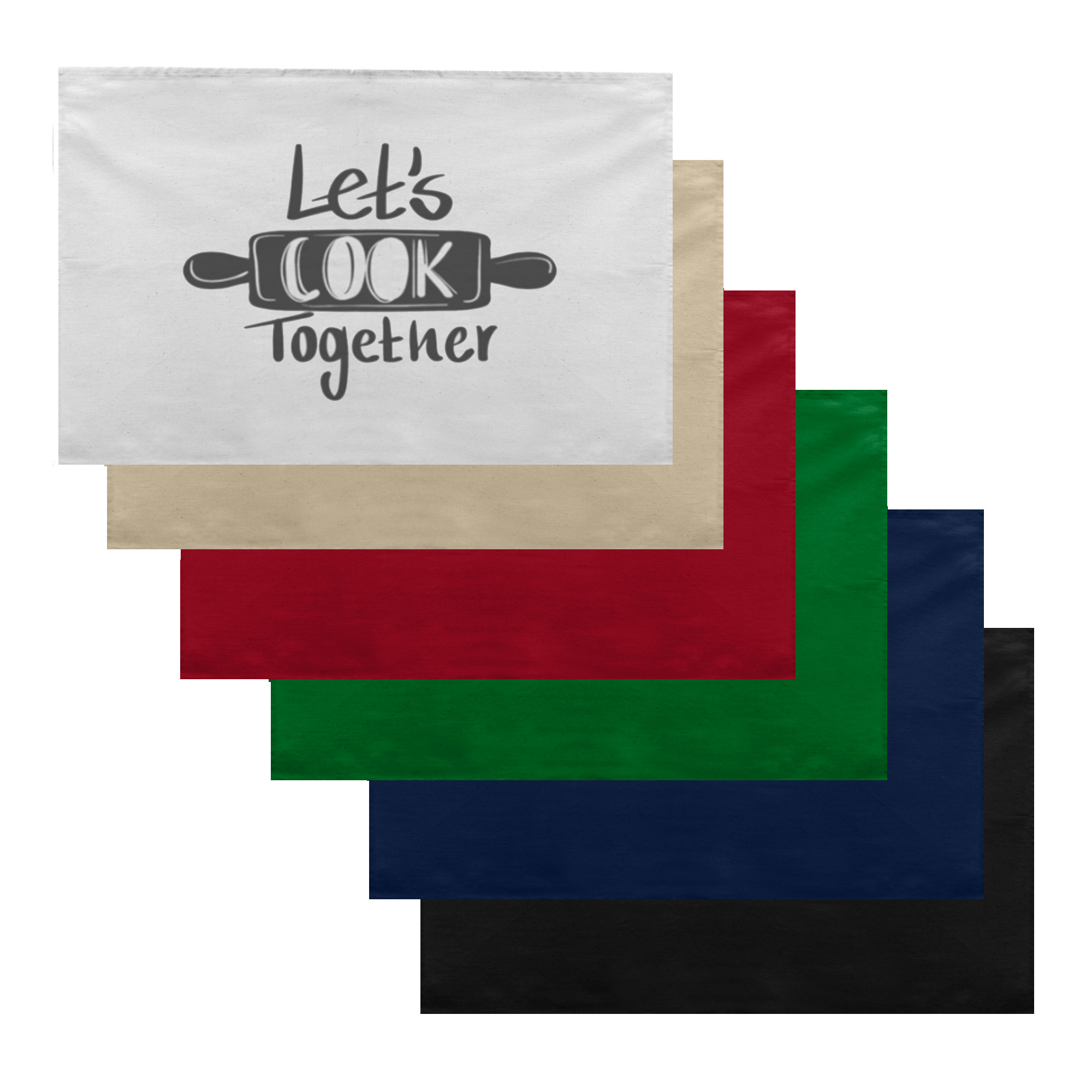 Custom cotton tea towels in assorted colours with 'Let's Cook Together' print – promotional kitchen towel design