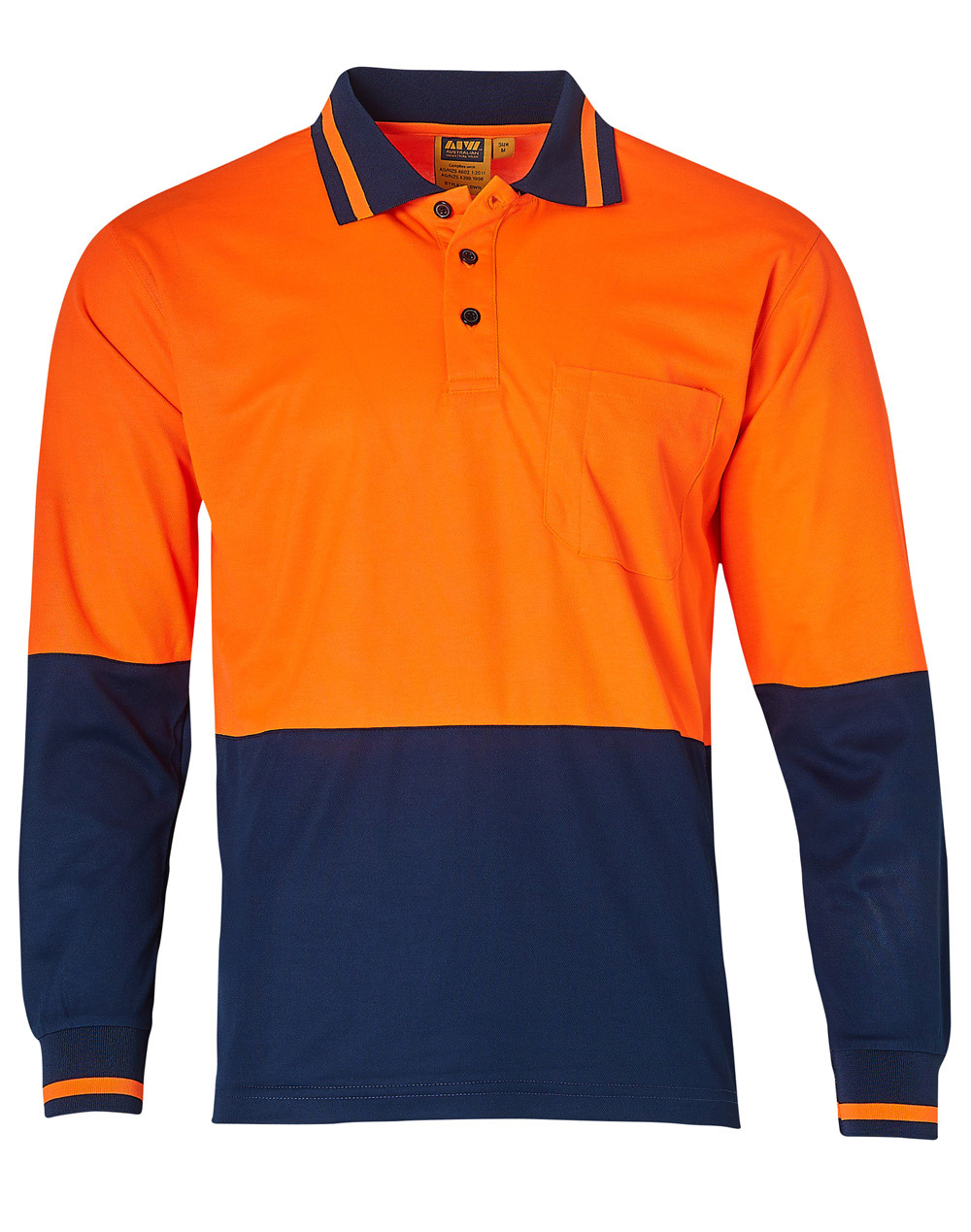 Custom (Fluoro Orange Navy) Safety Mens Long Sleeve Polo Shirts Online Perth Australia