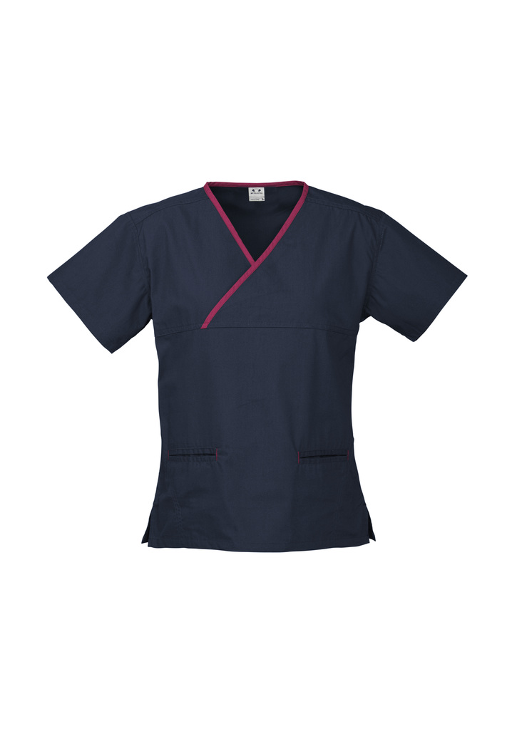 Navy/Fuchsia Ladies Contrast Crossover Scrubs Top Online in Perth, Australia