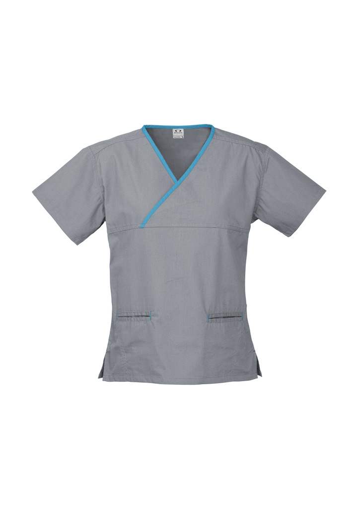 Pewter/Aqua Ladies Contrast Crossover Scrubs Top and Online in Perth, Australia