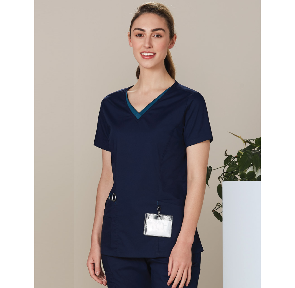 Promotional Ladies v-Neck Contrast Trim Scrub Top in Perth